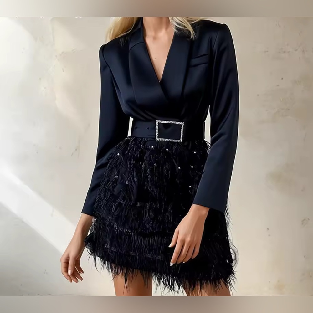 NEW $188 Fringe Feather Textured Elegant Black Belted Blazer
